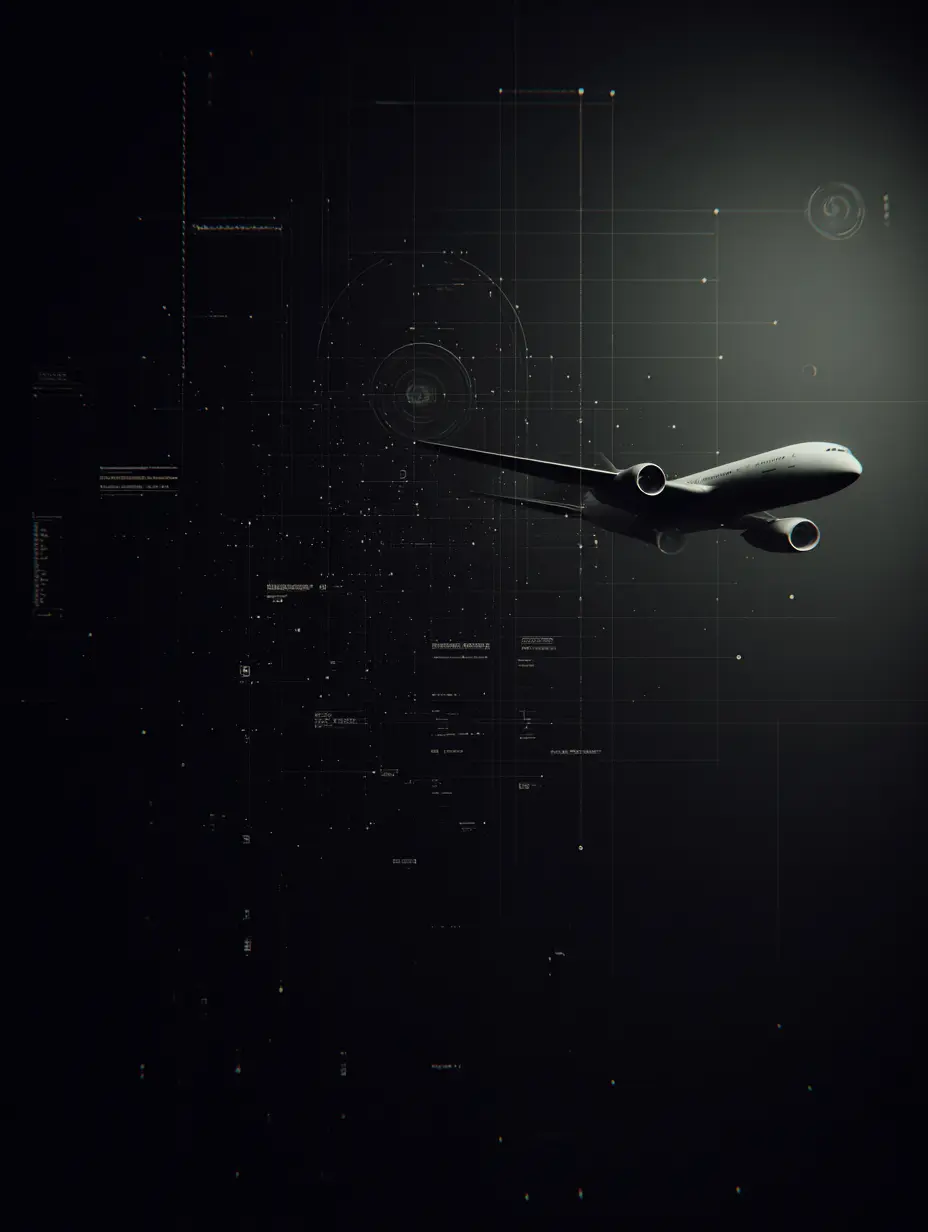Widebody aircraft in flight against a dark field of telemetry and navigation graphics